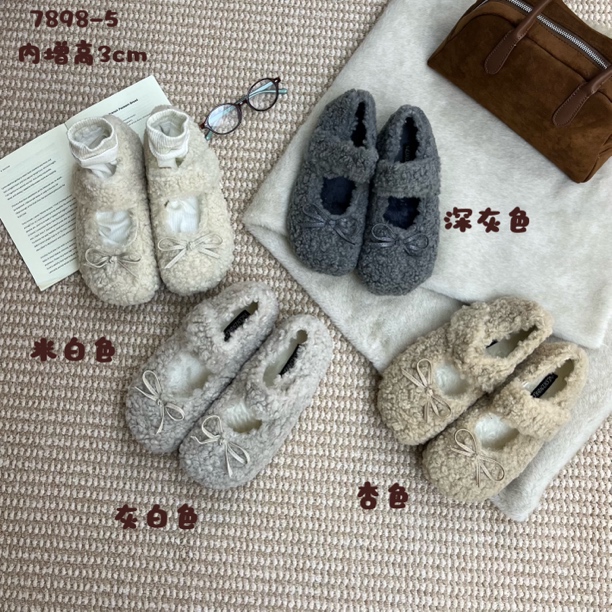 圆圆家 QYZ 7898-5 韩系蝴蝶结玛丽珍加绒保暖毛毛鞋软底圆头棉鞋