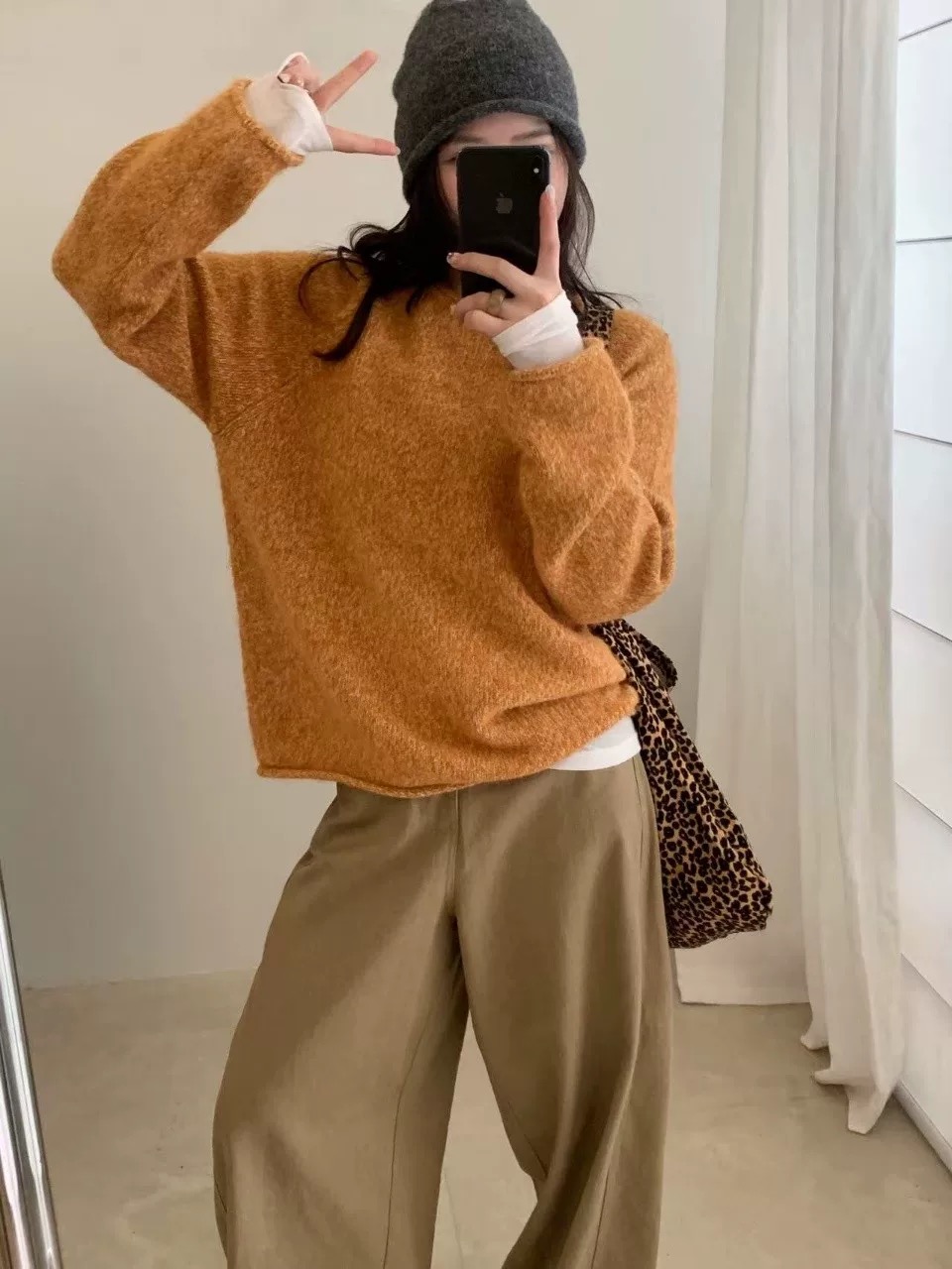 H1066 落日晚霞 慵懒风韩系橘色卷边暖呼呼套头秋冬针毛衣