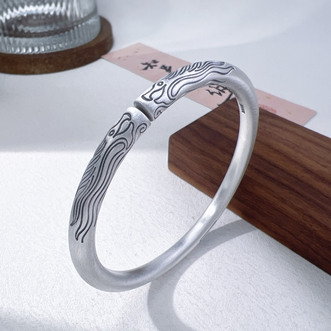 足银手镯 足银9999龙形福字开口飞龙复古古法中国风重工实心手镯