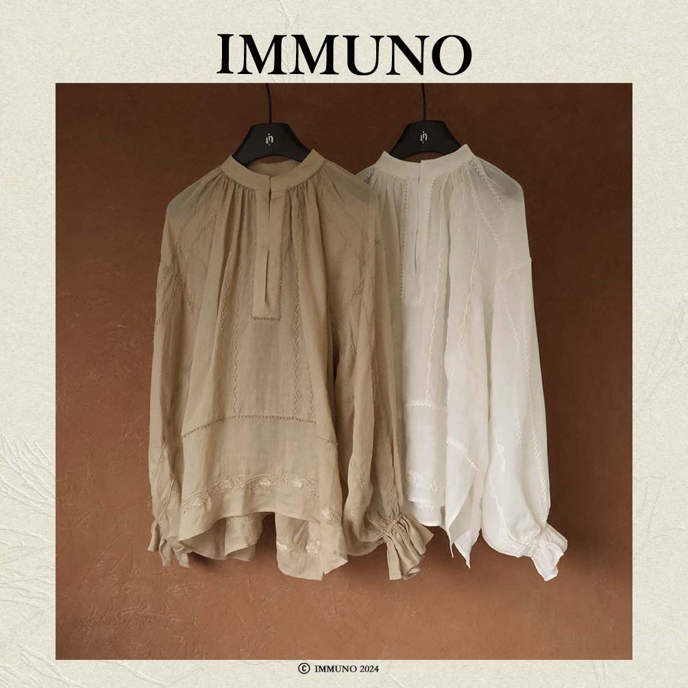 IMMUNO壹糯 苎麻重磅立体刺绣上衣宽松灯笼泡泡袖衬衫慵懒风衬衫