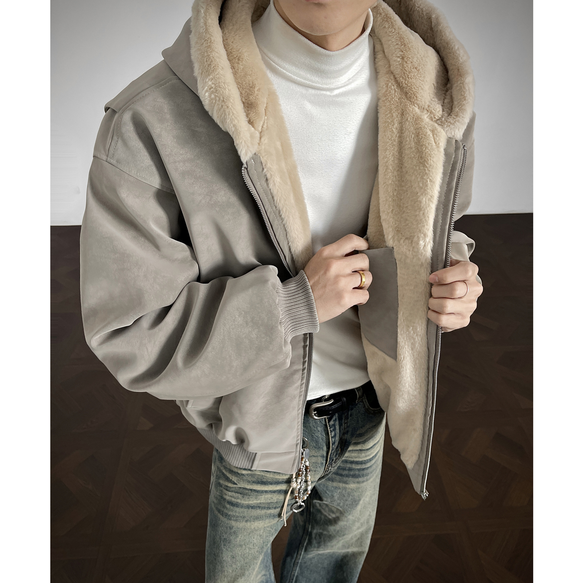 OWH【800克重磅绒毛】仿兔毛座山雕连帽加绒外套男冬季加厚保暖夹克