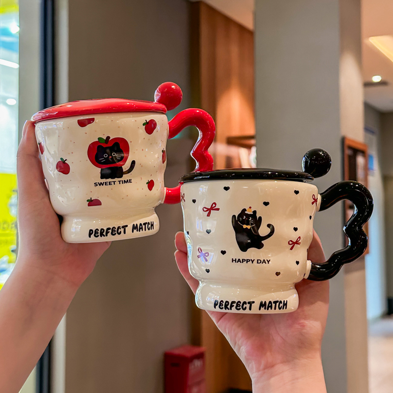 超可爱苹果猫咪杯子高颜值陶瓷马克杯带盖勺情侣咖啡牛奶杯伴手礼