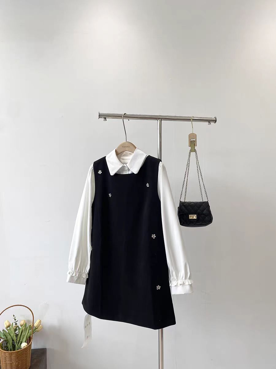 耶鲁甜心法式重工花朵立体装饰无袖连衣裙+韩系娃娃领衬衫