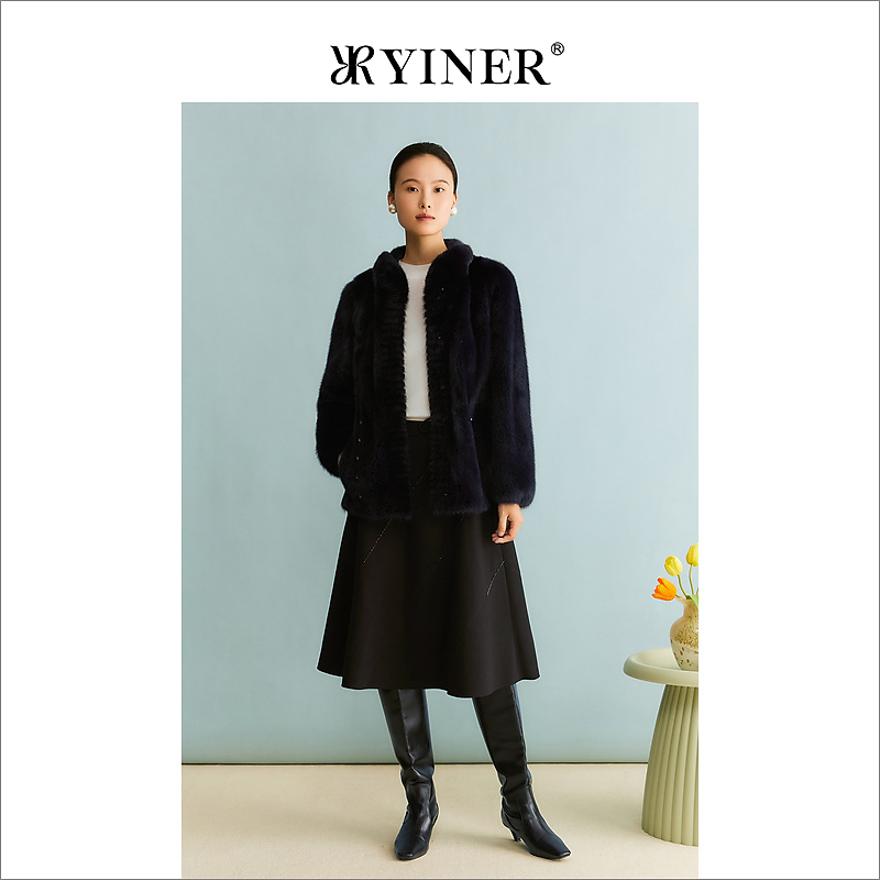 YINER音儿奥莱女装2023冬季新款绒暖水貂毛皮皮草一片式外套