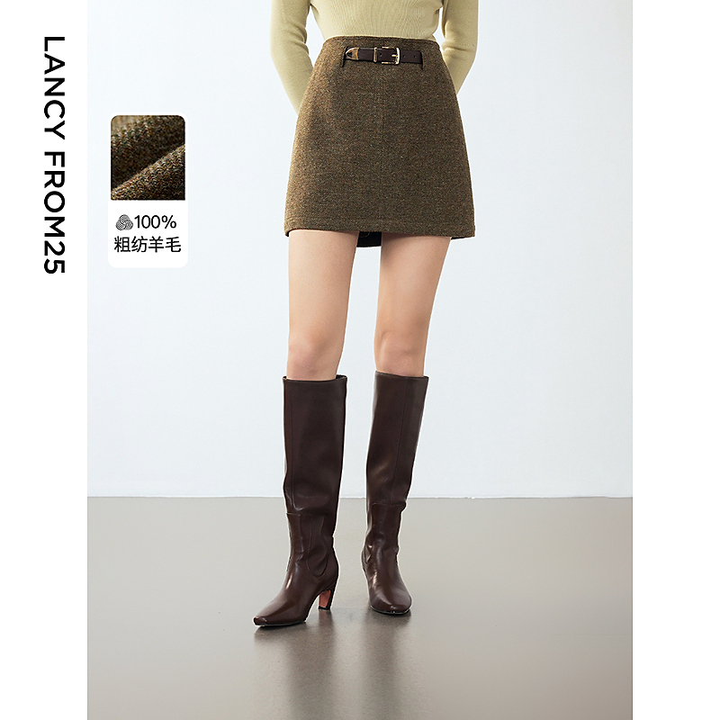 朗姿纯羊毛法式复古短款裙子a字气质高腰半身裙女