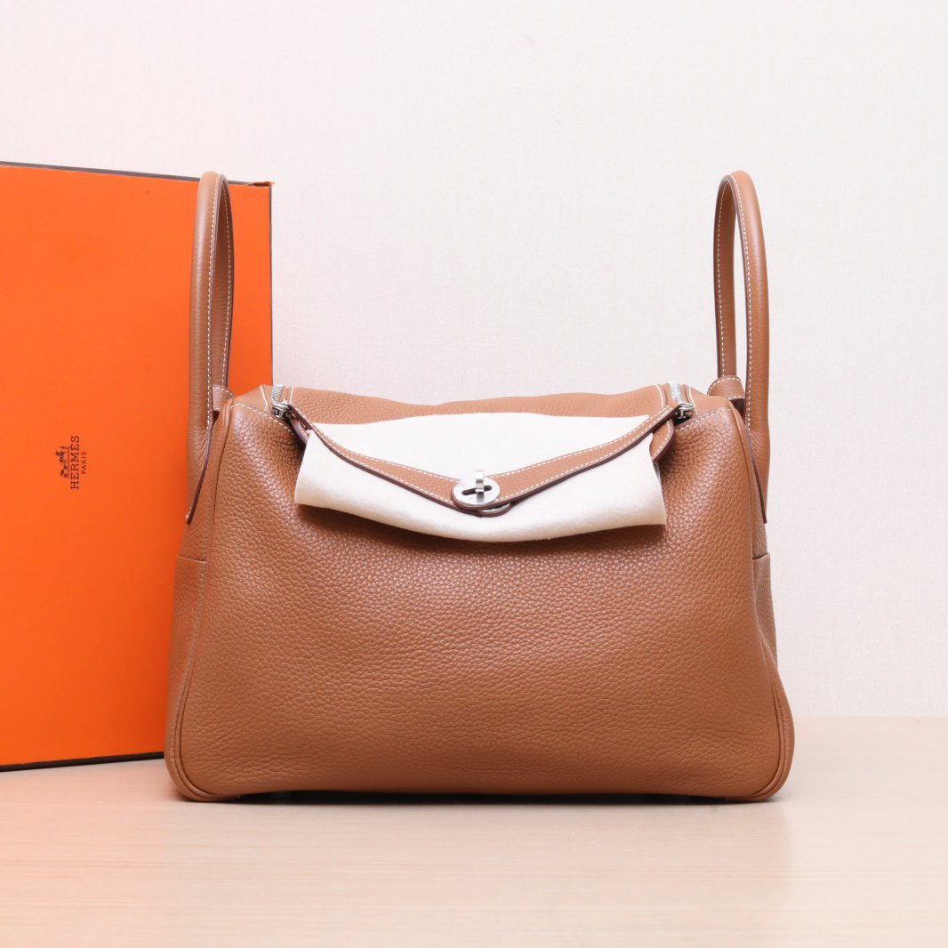 95新 Hermes/爱马仕 小花6花 Lindy 34 金棕色 TC皮 框R 银扣包