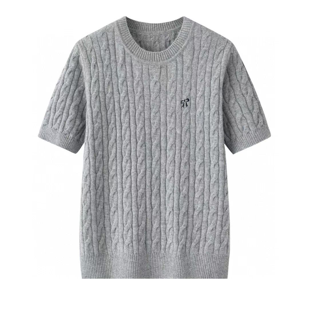 圆领绞花女短袖100%山羊绒