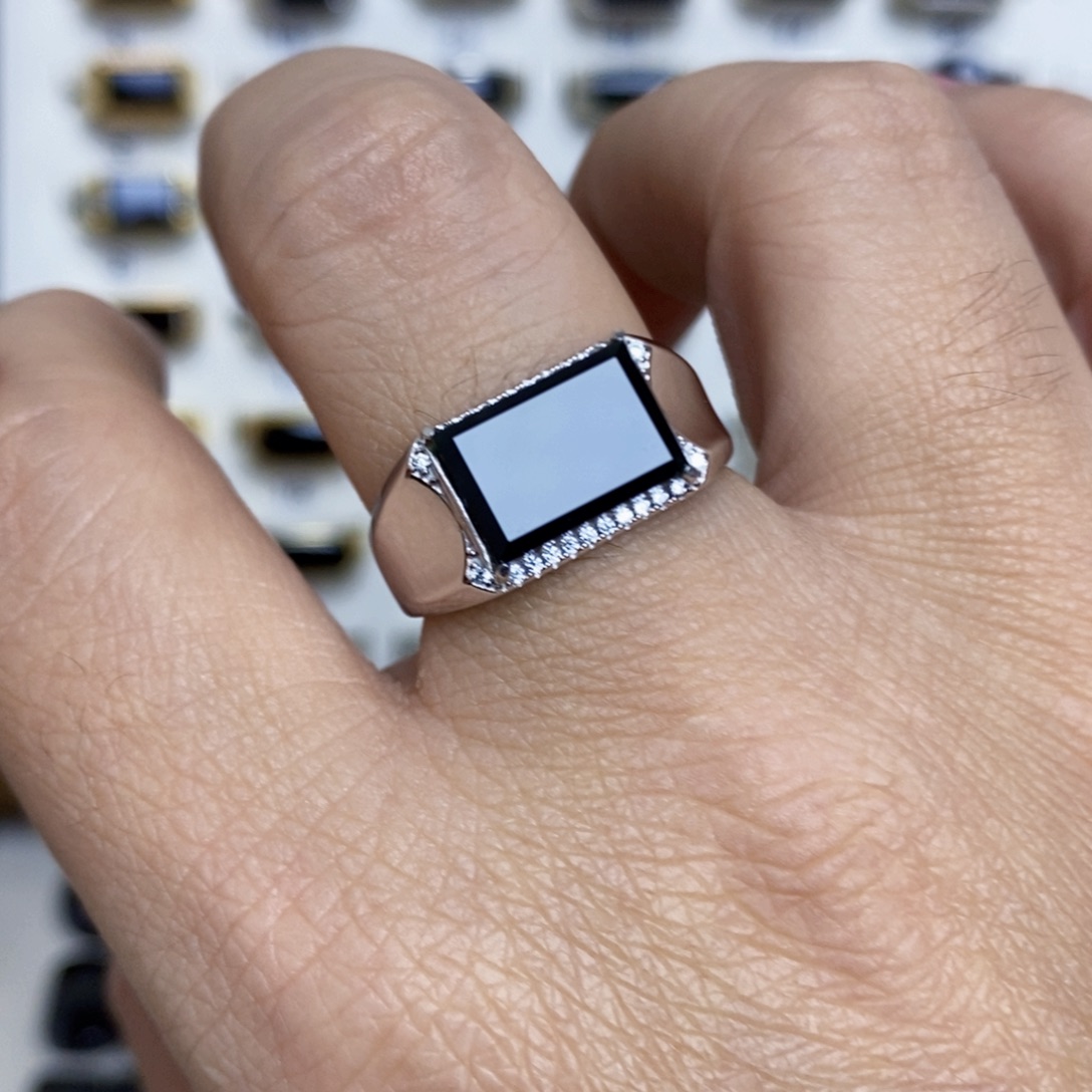 翡翠银S925镶嵌戒指墨翠戒指