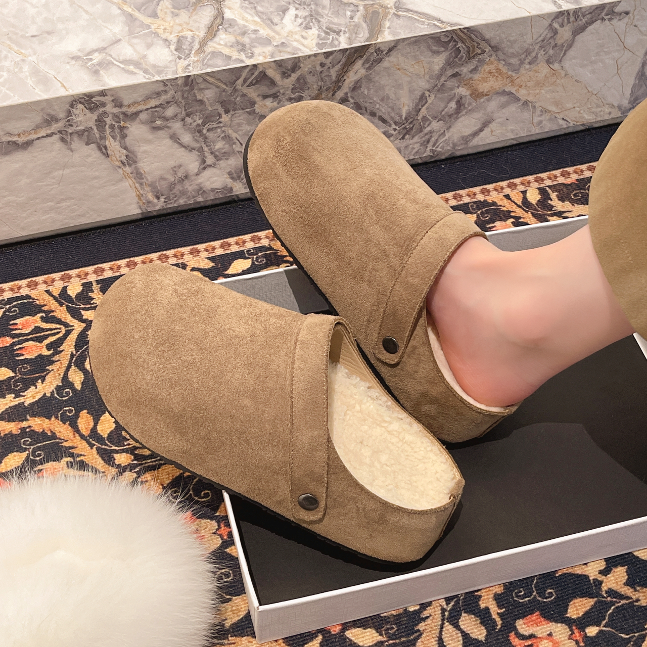 厚底内增高加绒勃肯鞋包头毛毛半拖鞋女外穿2025新款冬博肯棉拖鞋