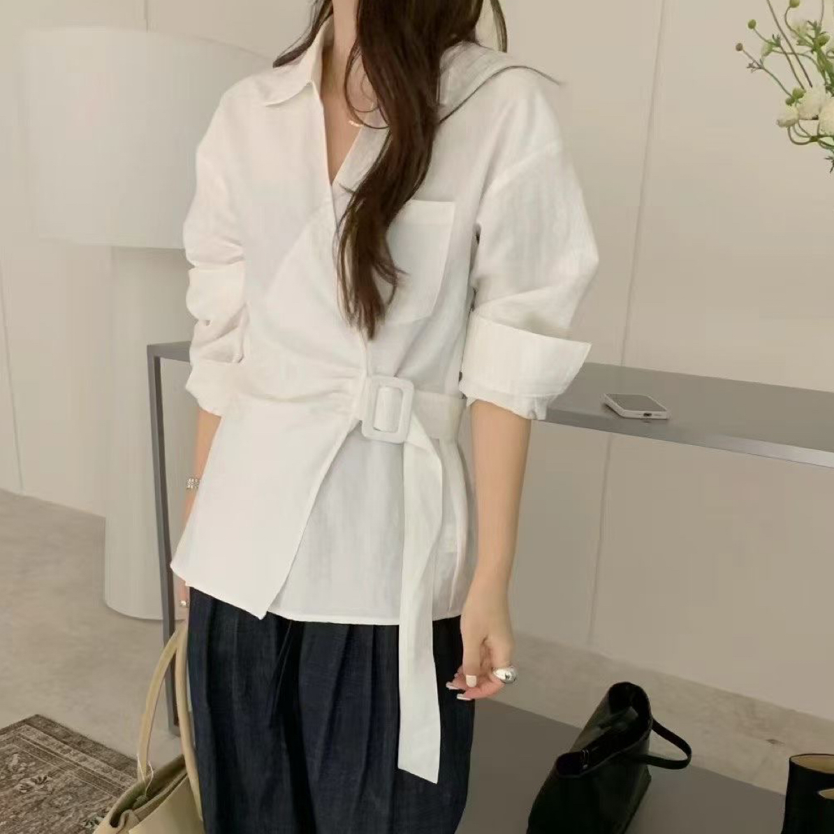 韩系不规则褶皱V领绑带长袖衬衫女2025秋季新款气质百搭修身小衫