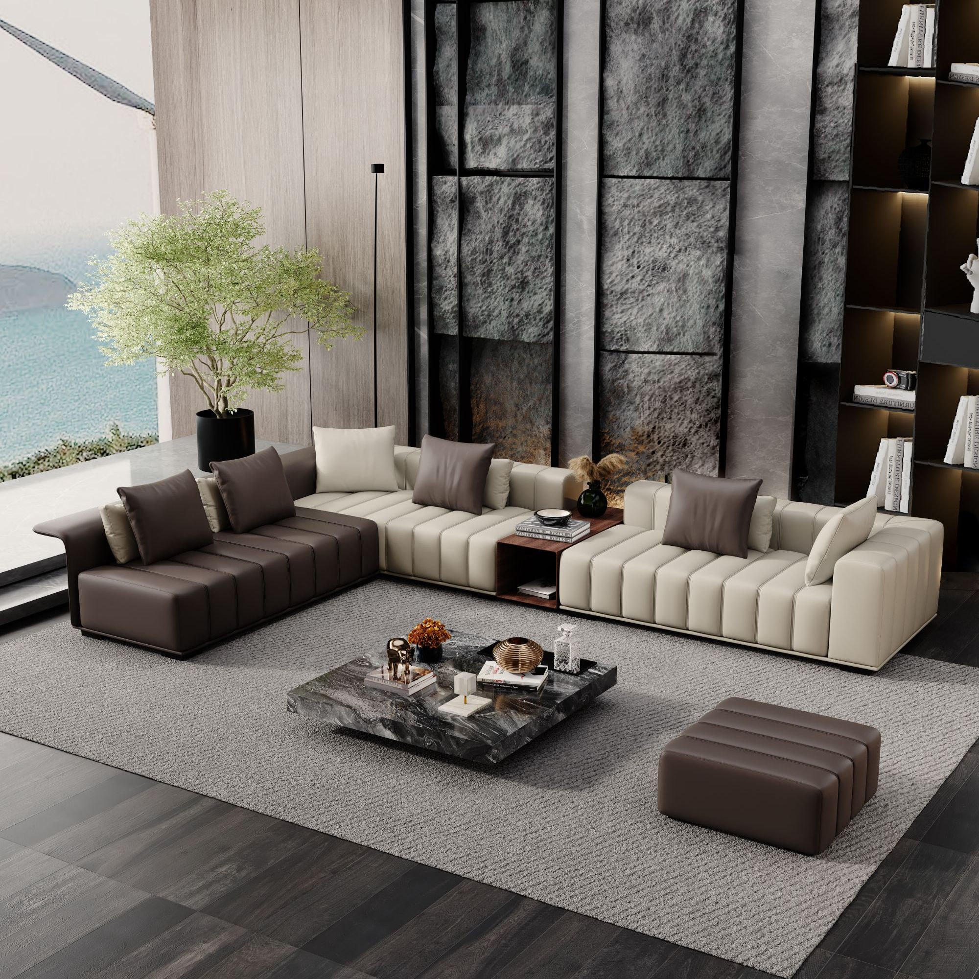 意式别墅钢琴键真皮沙发极简轻奢客厅皮艺沙发大户型高端头层牛皮