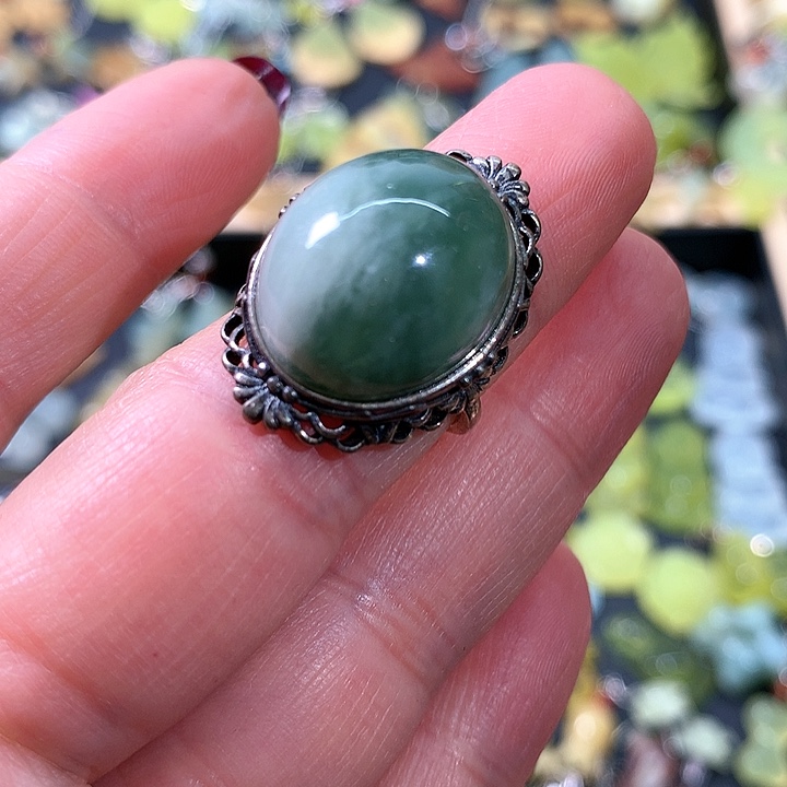 蛇纹石玉戒指银S925镶嵌