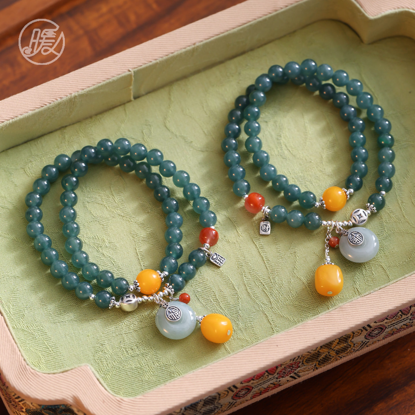 双圈翡翠手串6mm搭配蜜蜡路路通平安扣吊坠A7333多样性发一