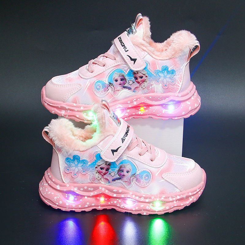 带灯艾莎女童运动鞋2025秋冬新款皮面保暖软底鞋中小童宝宝公主鞋