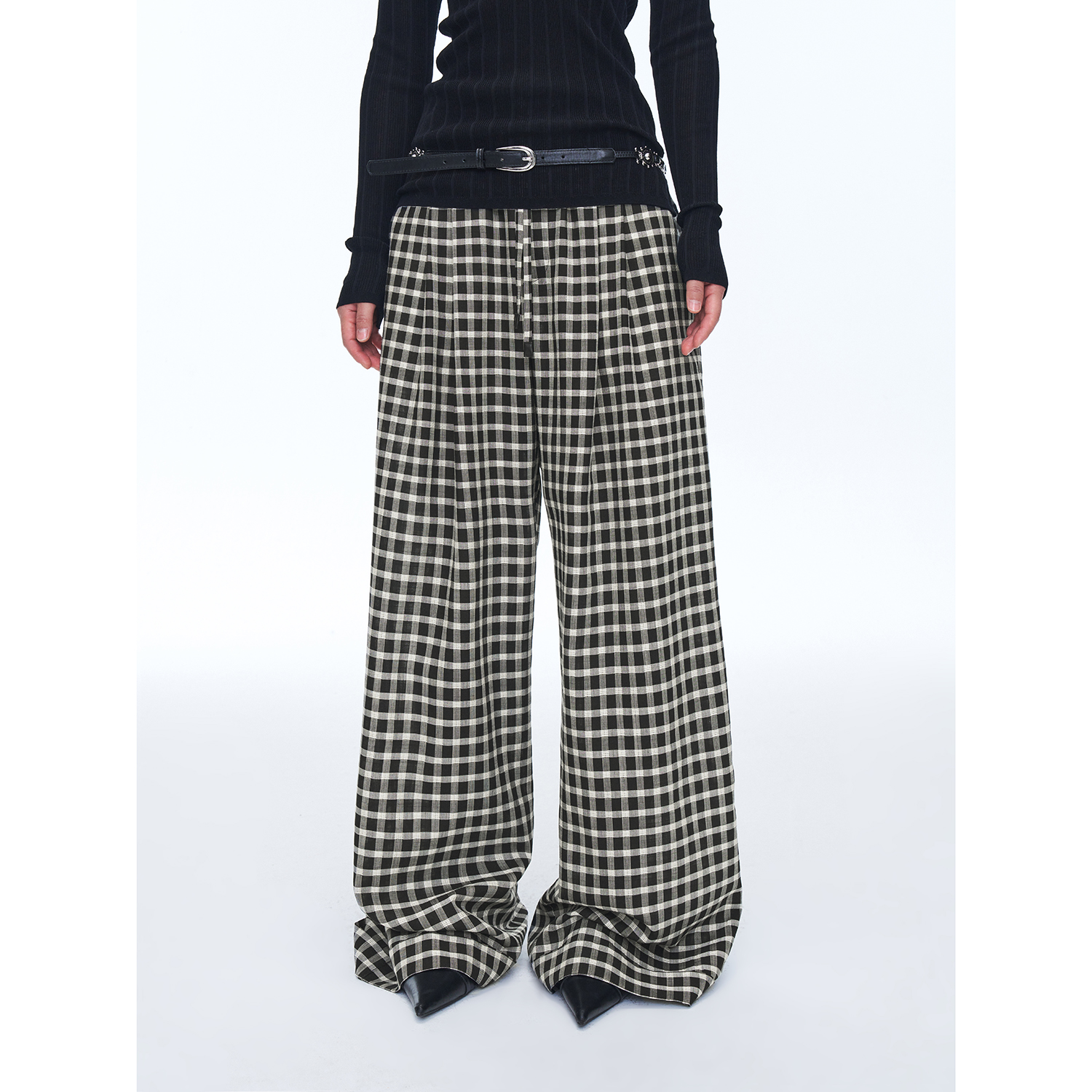 付智恩格纹腔调 小黑白格休闲裤