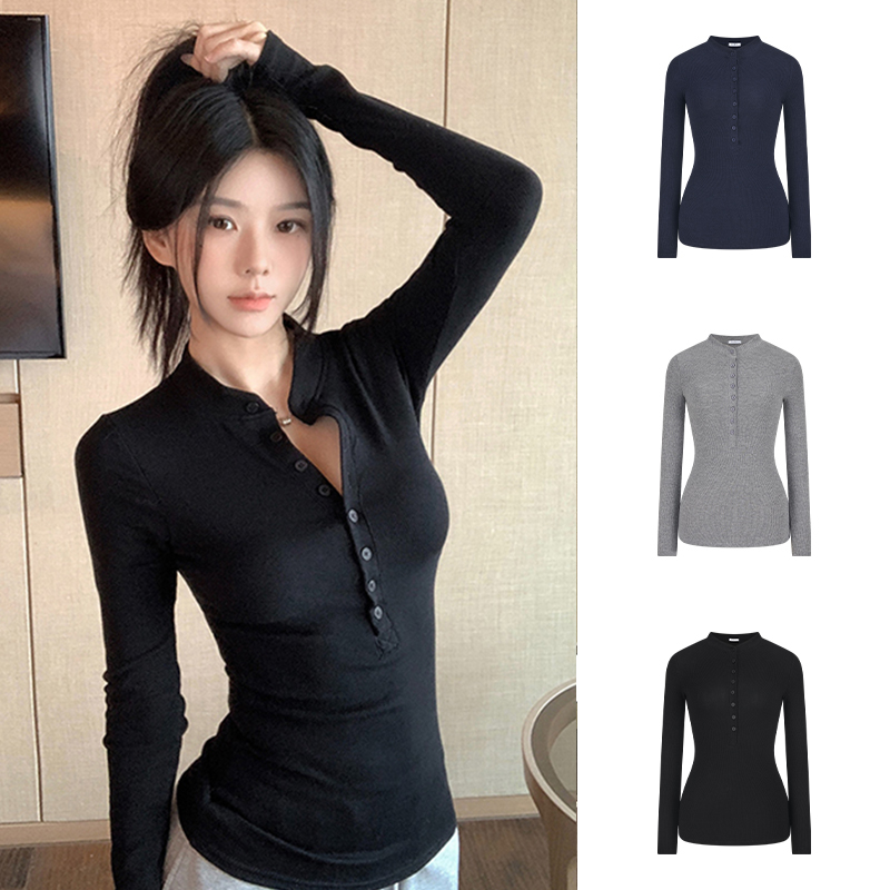 Moses Queen/魔西女王设计感修身气质款亨利领显瘦显高百搭打底衫