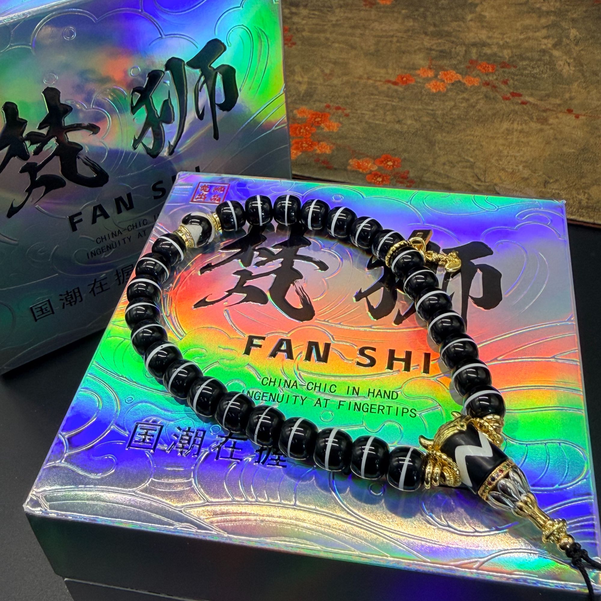 手链 【梵狮】国潮精工黑金药师手持 黑白撞色复古风长串手把件配饰