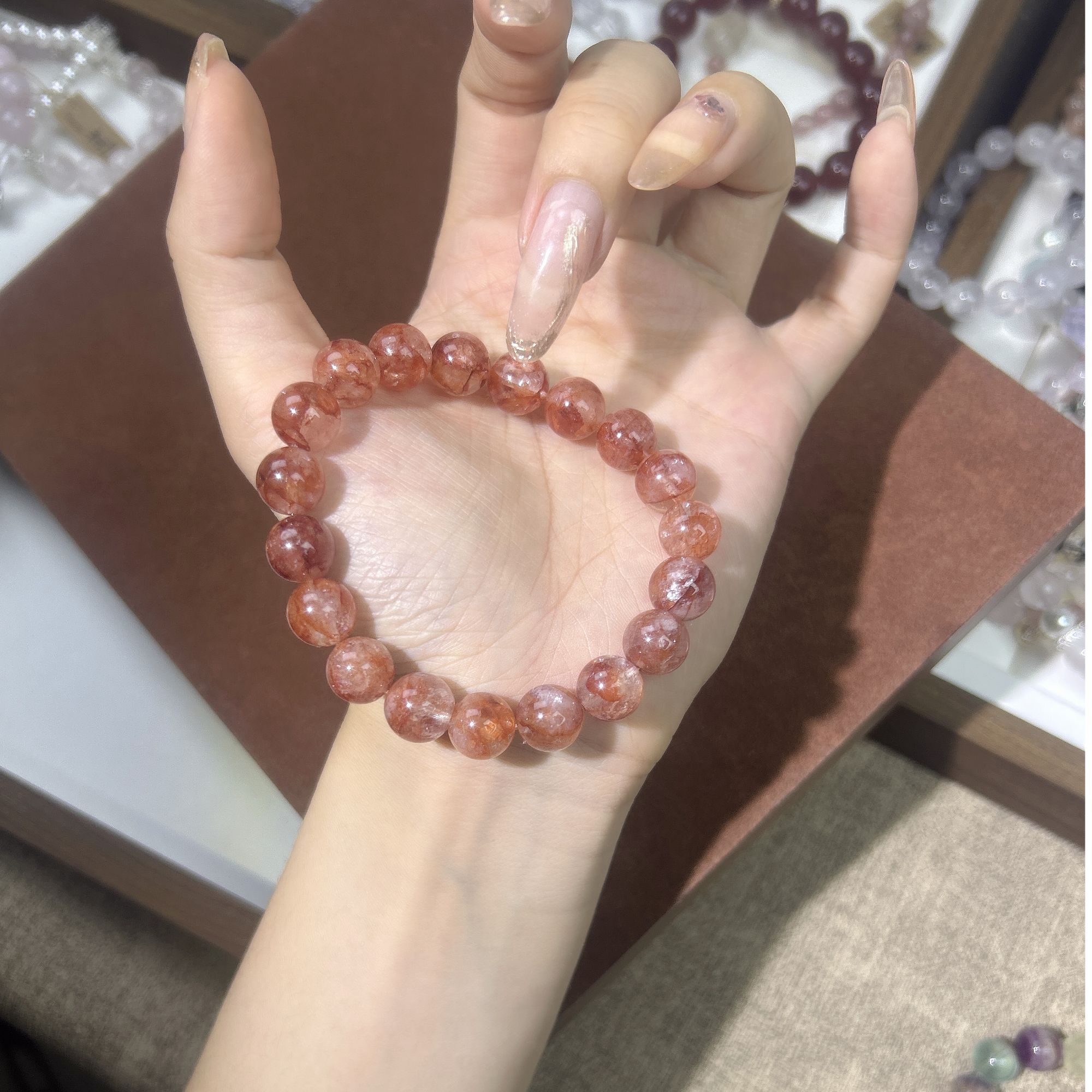 【红枫叶】天然水晶 红胶花透体暖石 手串手链