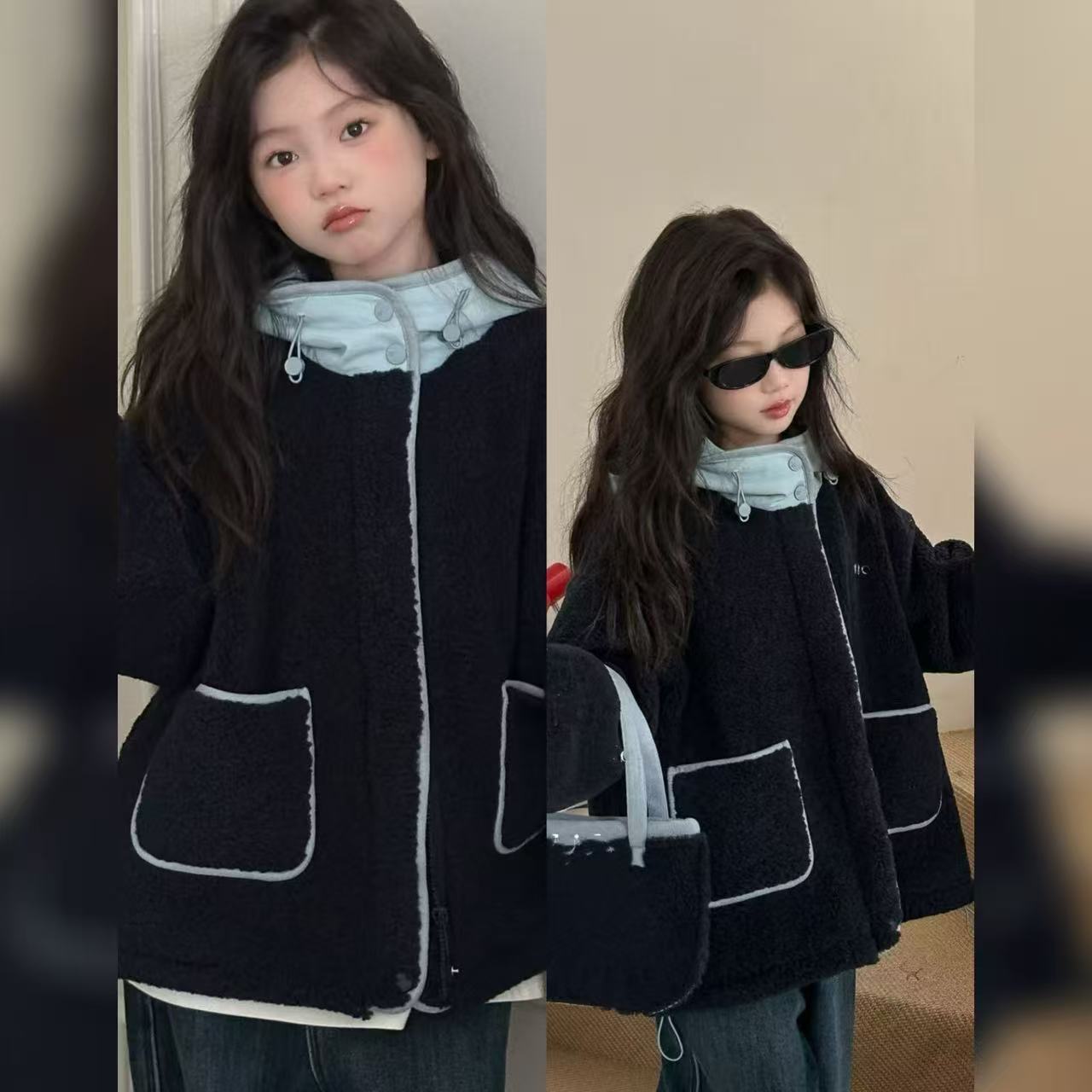 X0554加绒连帽儿童外套独特洋气时髦女童装韩版秋季衣服