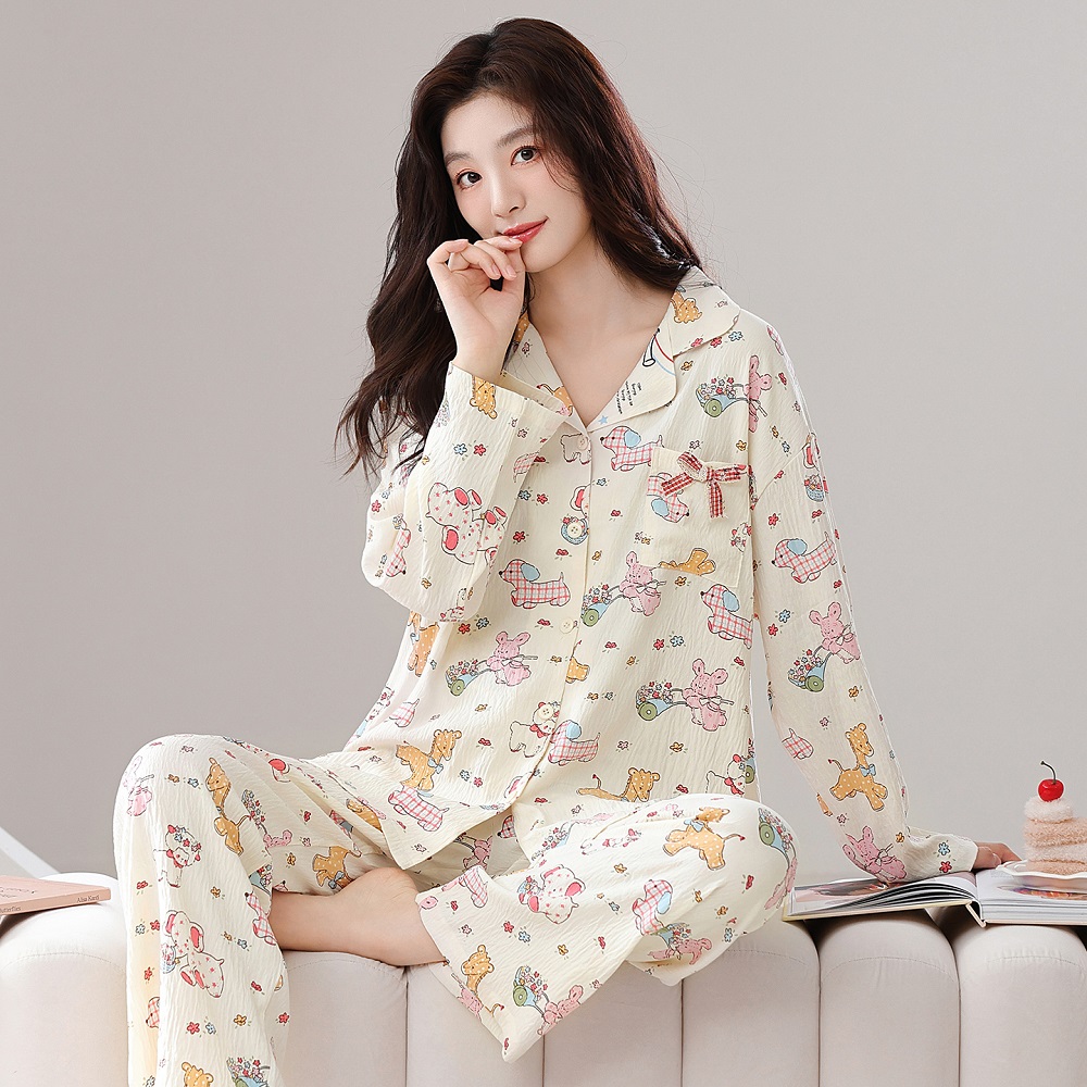 新款女士翻领开衫睡衣长袖长裤卡通动物乐园睡衣家居服套装可外穿
