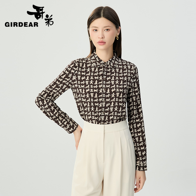 GIRDEAR/哥弟时尚长袖女士简约百搭翻领印花衬衫130073