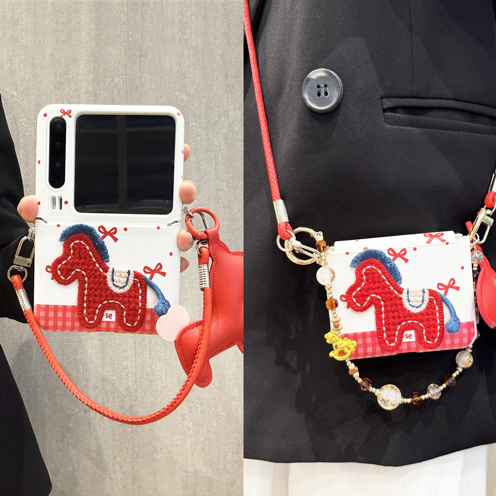 新年红色刺绣马上有福斜挎适用华为purax手机壳pocket2折叠屏小米