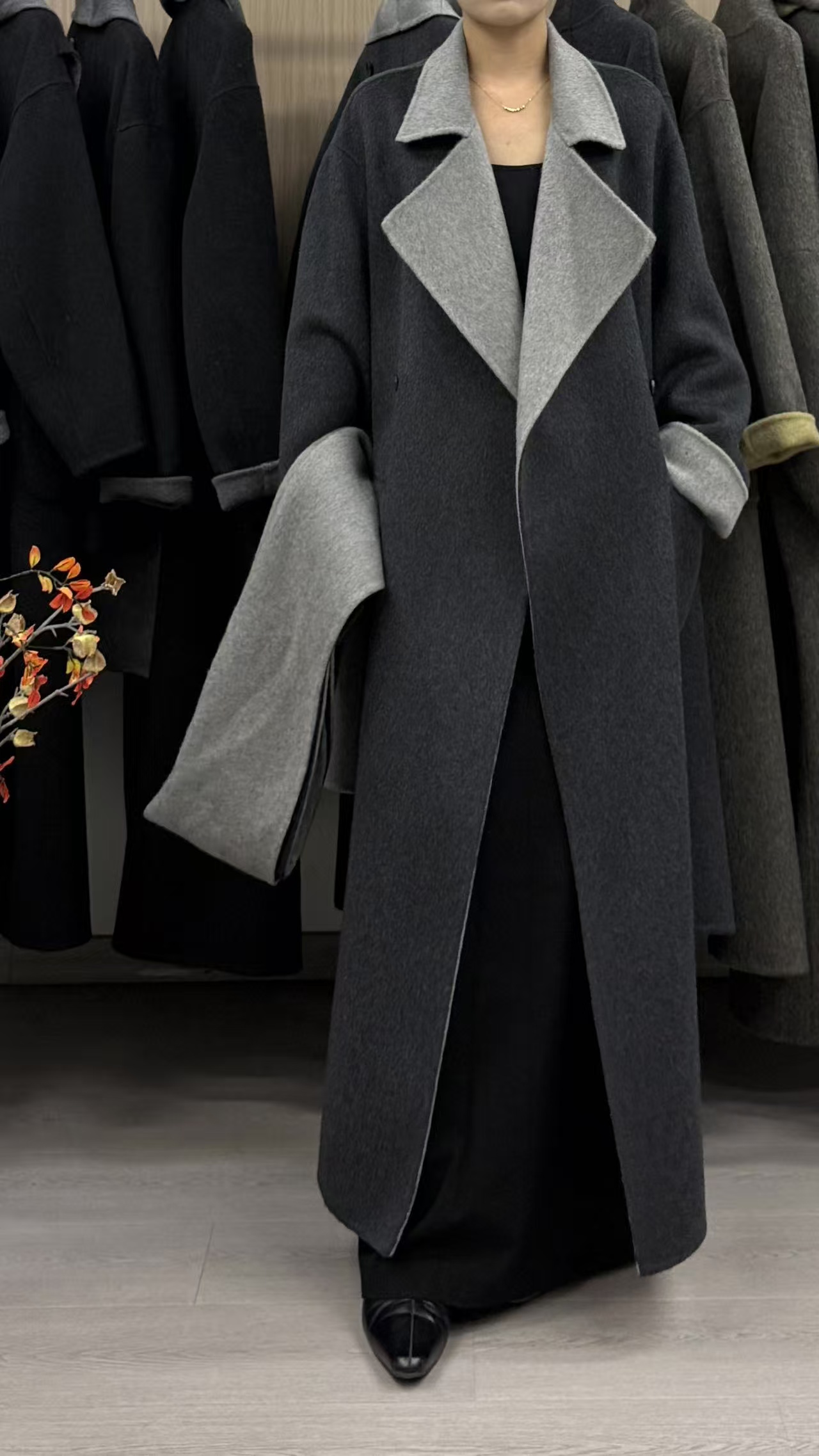 2025新款保暖落肩袖长款碎花秋冬毛呢外套休闲百搭毛呢时尚中长款