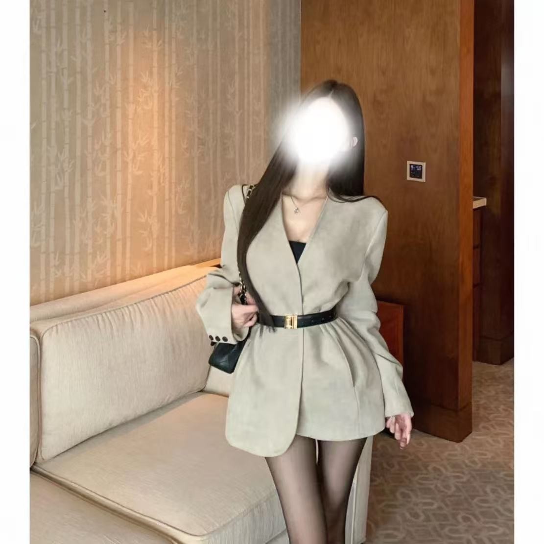 胖鹅张~高级感气质V领几皮开衫西装外套#7067