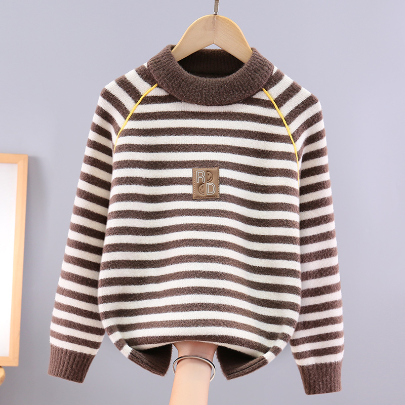 男童加厚宝宝毛衣圆领套头条纹一体绒秋冬中大童针织衫