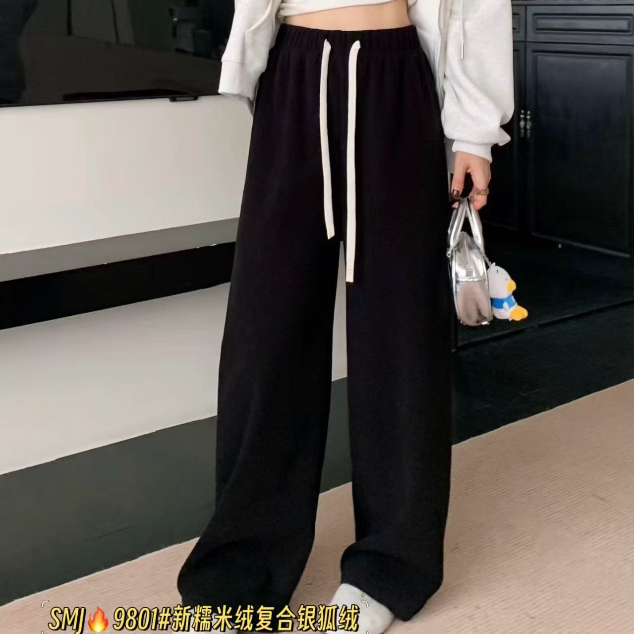 秋冬高腰抽绳窄版直筒裤百搭舒适显瘦休闲长裤