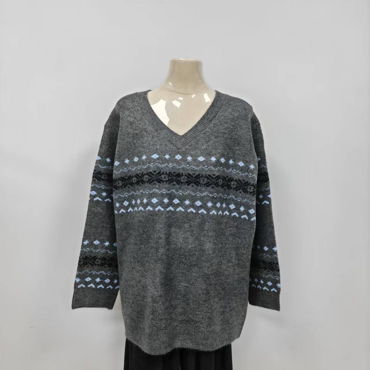 女提花V领毛衣大码时尚秋冬针织-9377-3