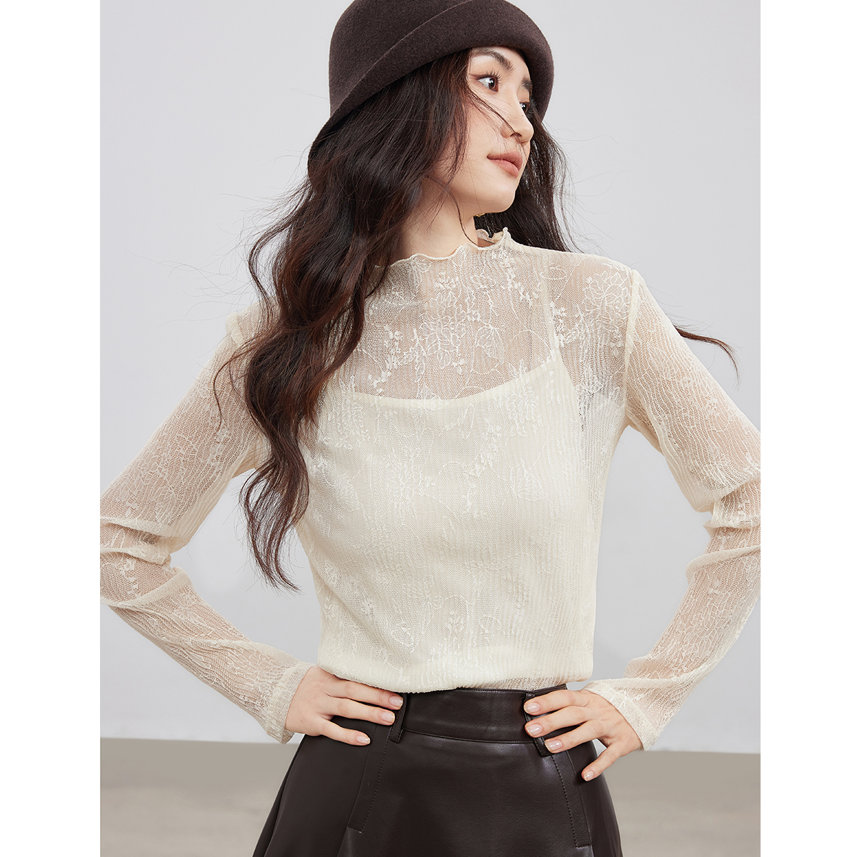 03182【大叔专享】朗文斯汀修身显瘦半高领蕾丝衫DTYX5508C03182