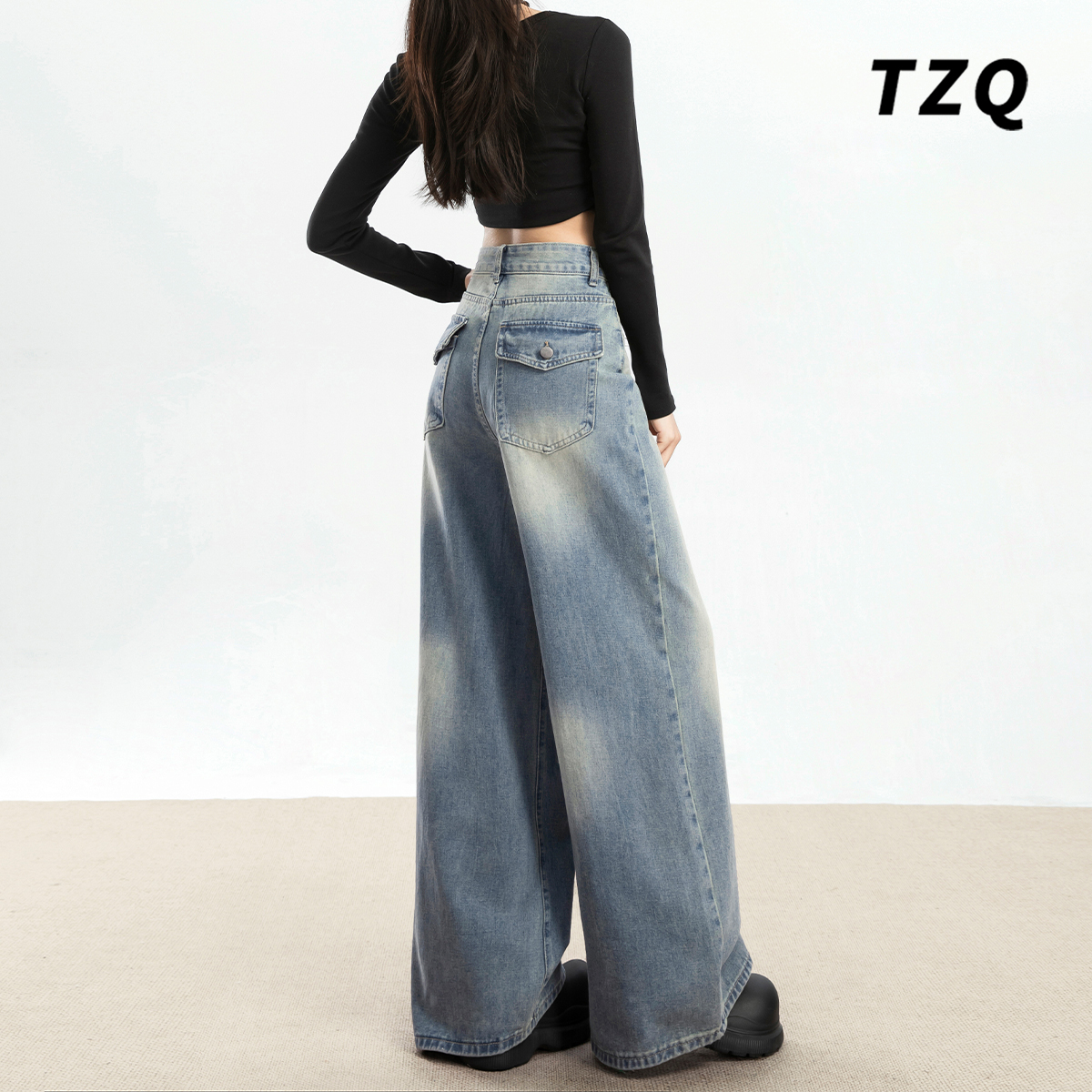 2025春季新款美式阔腿牛仔裤女时尚百搭高腰显瘦拖地裤TZQ2520859