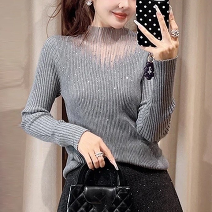 独特漂亮灰色打底毛衣女秋季新款设计感重工烫钻针织衫上衣CY213