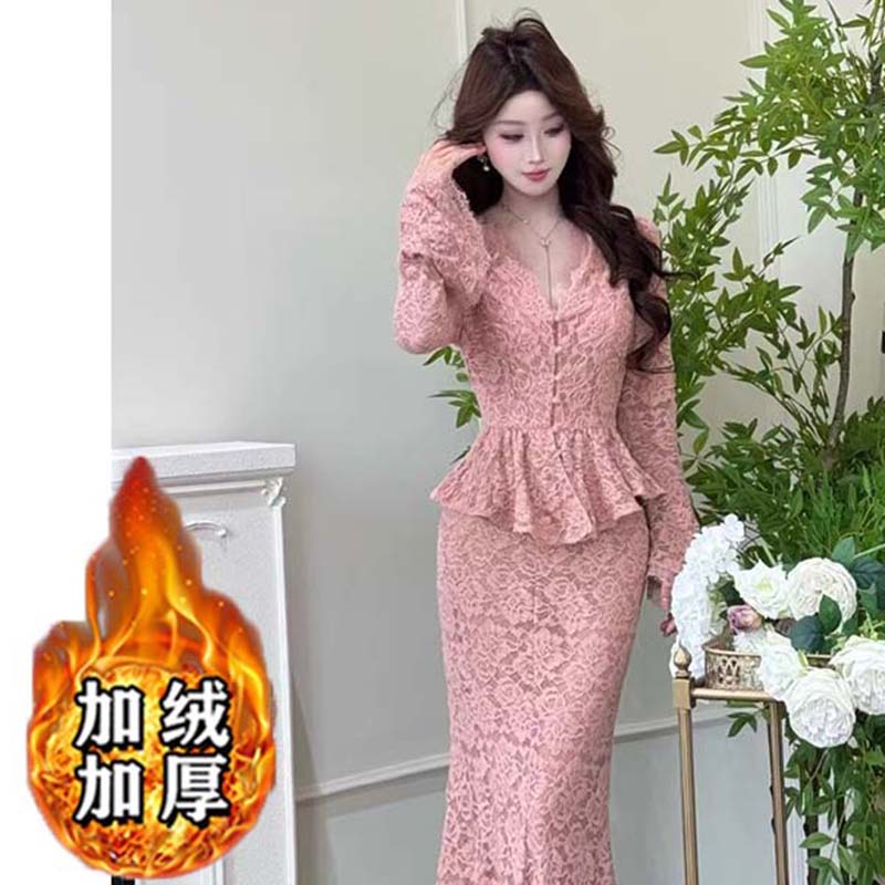 【时光小铺】【加绒加厚】【两件套】深v蕾丝包臀鱼尾裙套装TX0304