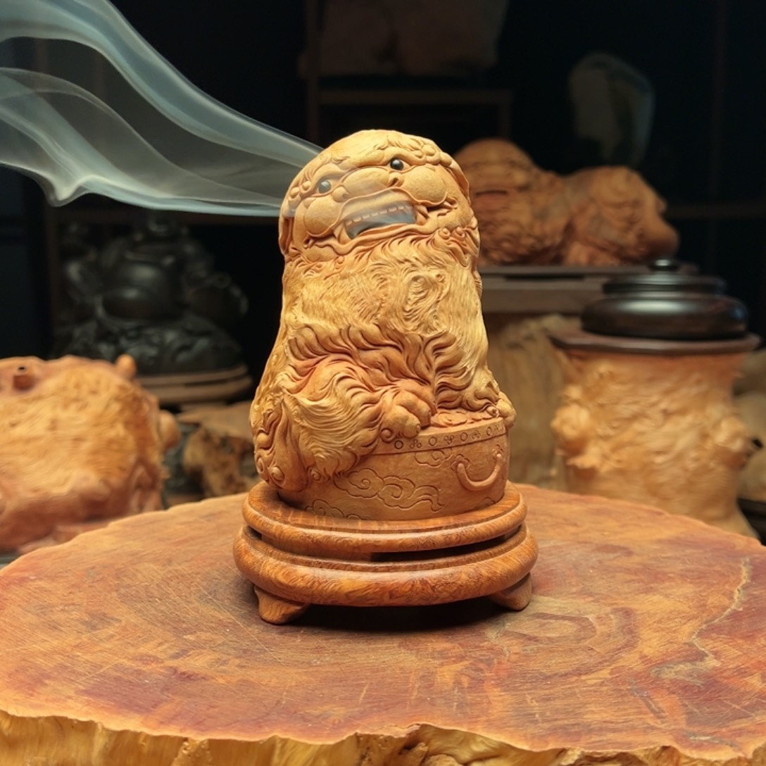 静***、荔枝木荔枝木手工雕刻狮子香炉摆件1588