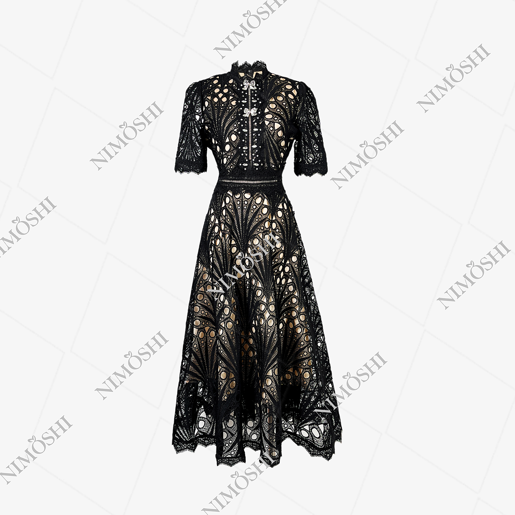 NIMðSHI达妮欧式名媛高级感水溶蕾丝镂空刺绣修气质连衣裙Q1314