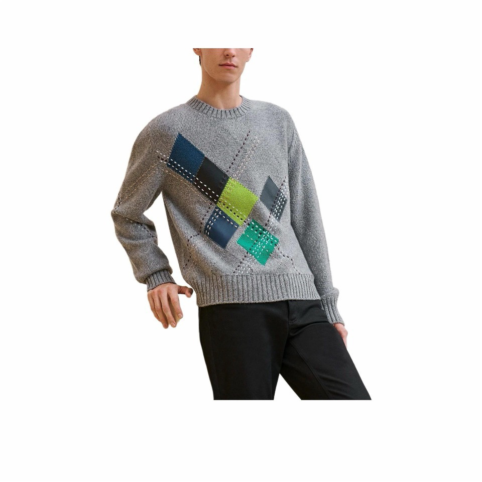 未使用 Hermes/爱马仕 几何图案/细节长袖/圆领羊绒衫/M码