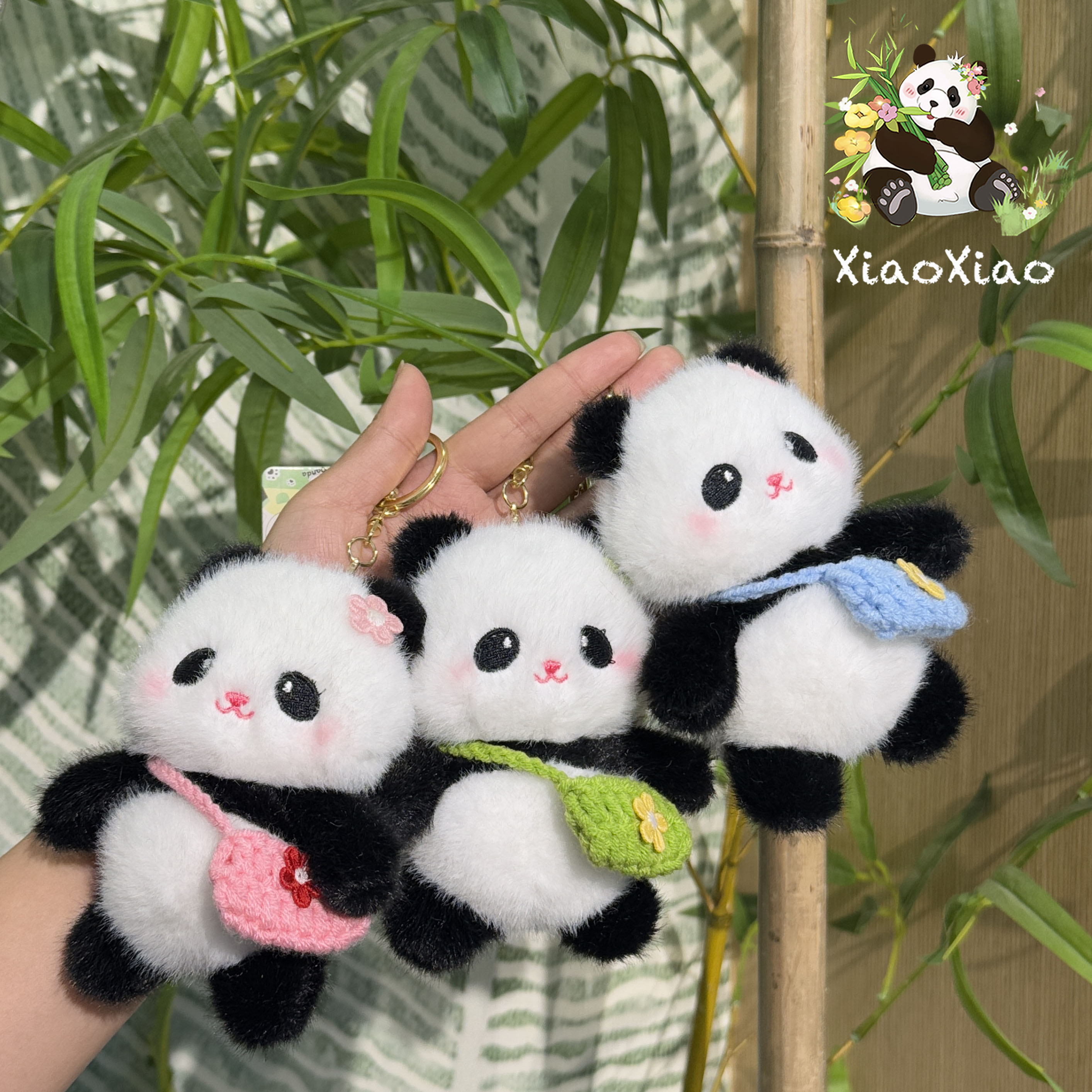 卡通毛绒钩针斜挎包熊猫挂件可爱花花熊猫书包挂饰
