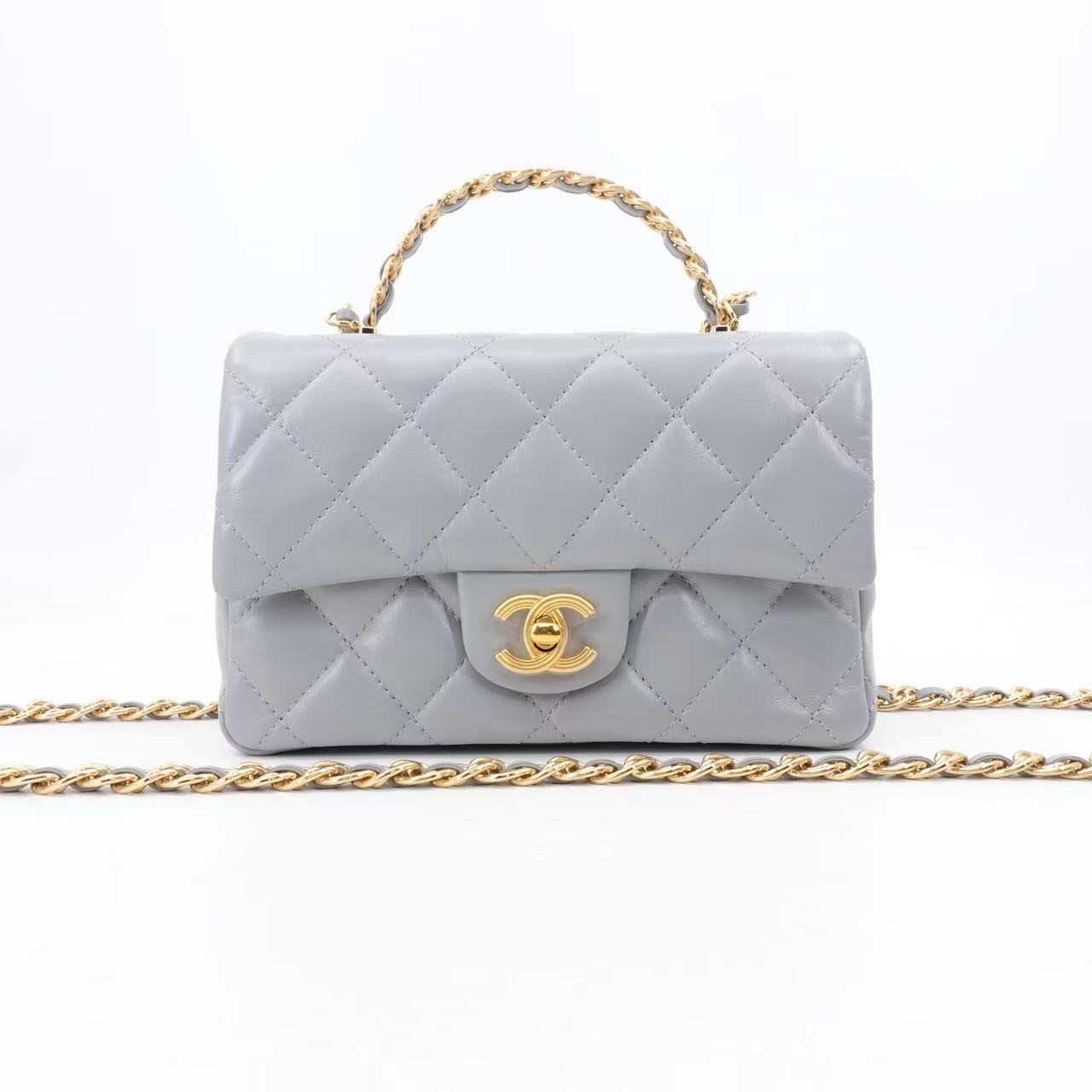 99新 Chanel/香奈儿 23b手柄cf大mini灰色金扣芯片款/67668566