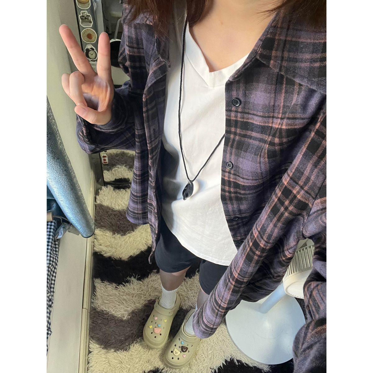 美式复古紫色格纹衬衫女春秋撞色长袖衬衣宽松休闲外套慵懒风上衣