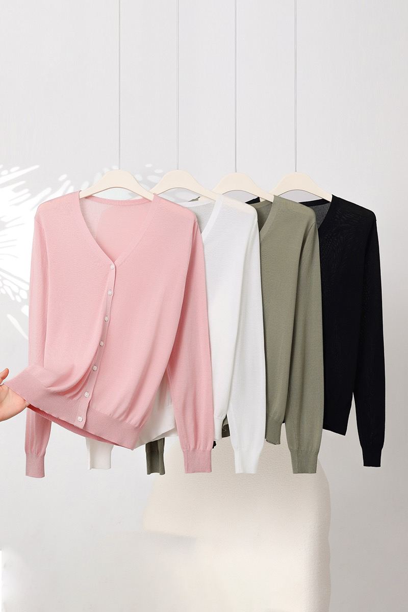 100%天丝莱赛尔针织薄款V领长袖开衫宽松纯色百搭显瘦外套空调衫