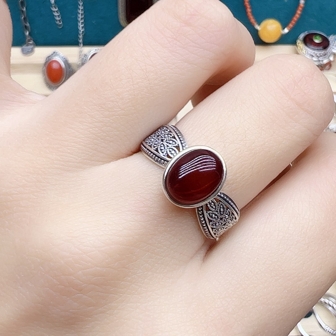 血珀戒指银S925镶嵌天然