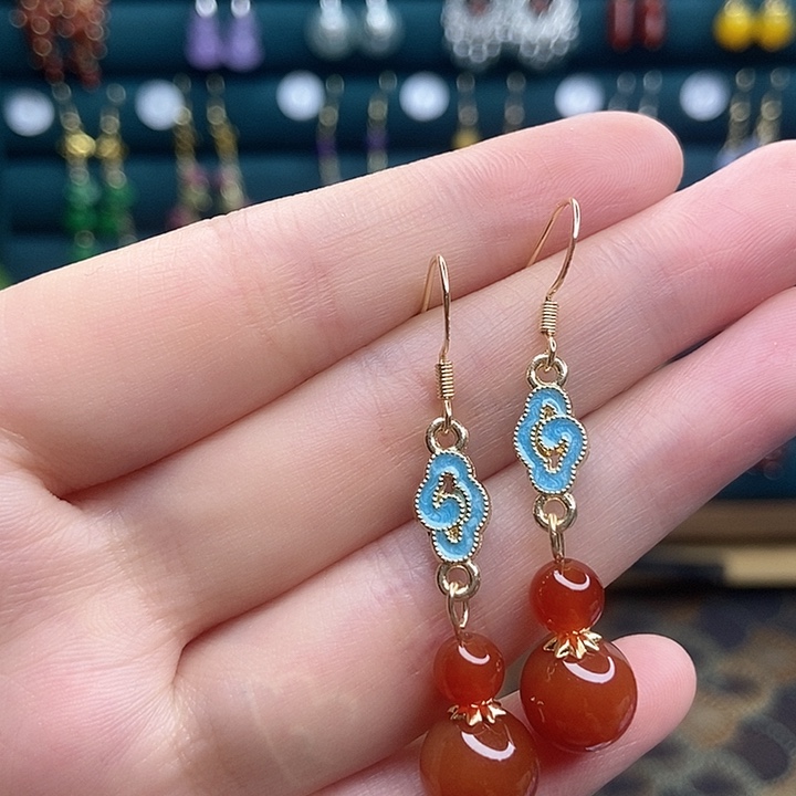 石英质玉耳钉银S925镶嵌