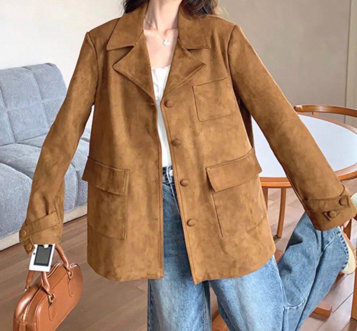 美式复古麂皮绒西装外套女高级感时尚洋气单排扣机车服