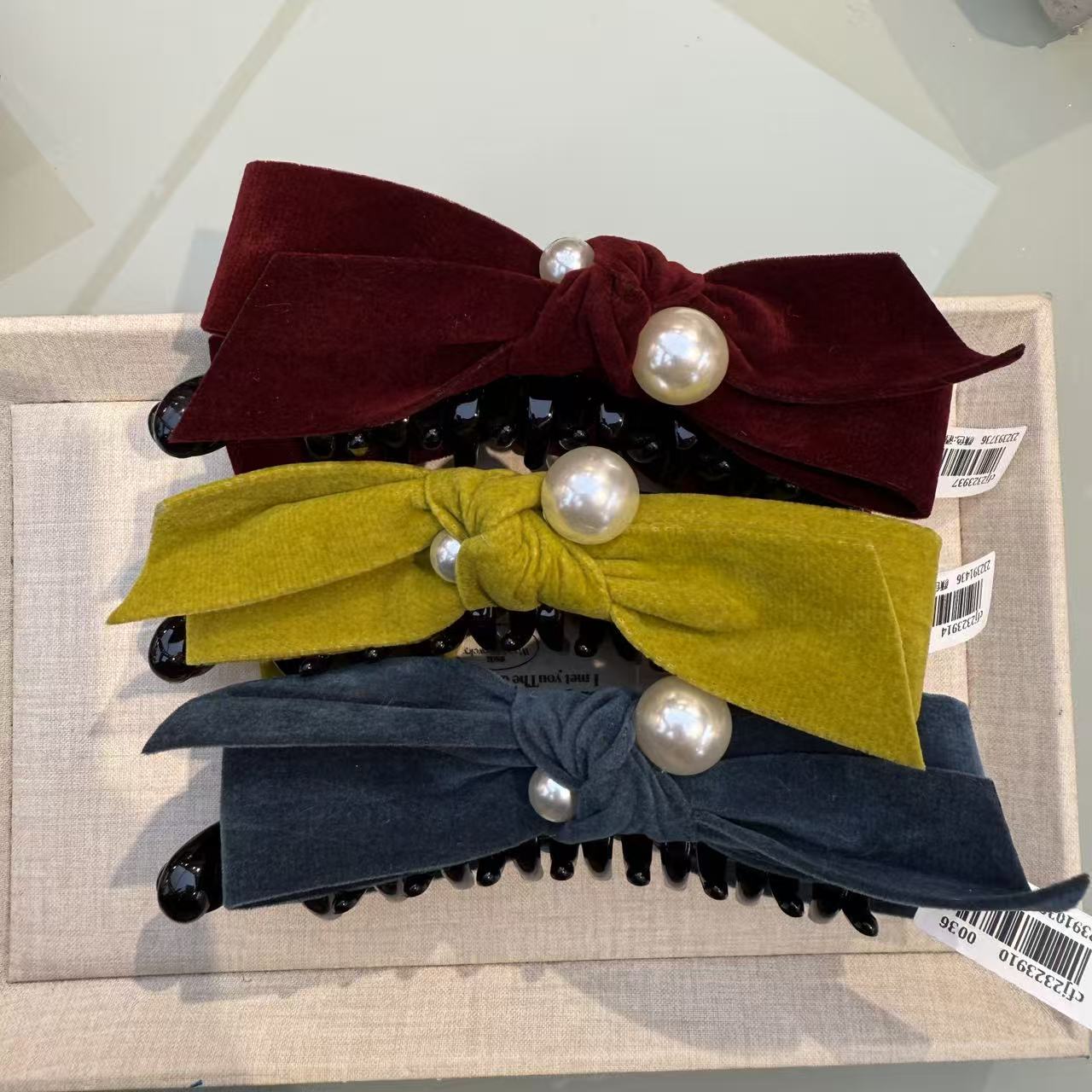 丝绒珠珠蝴蝶结原创设计香蕉夹女抓夹法式发夹弹簧夹复古