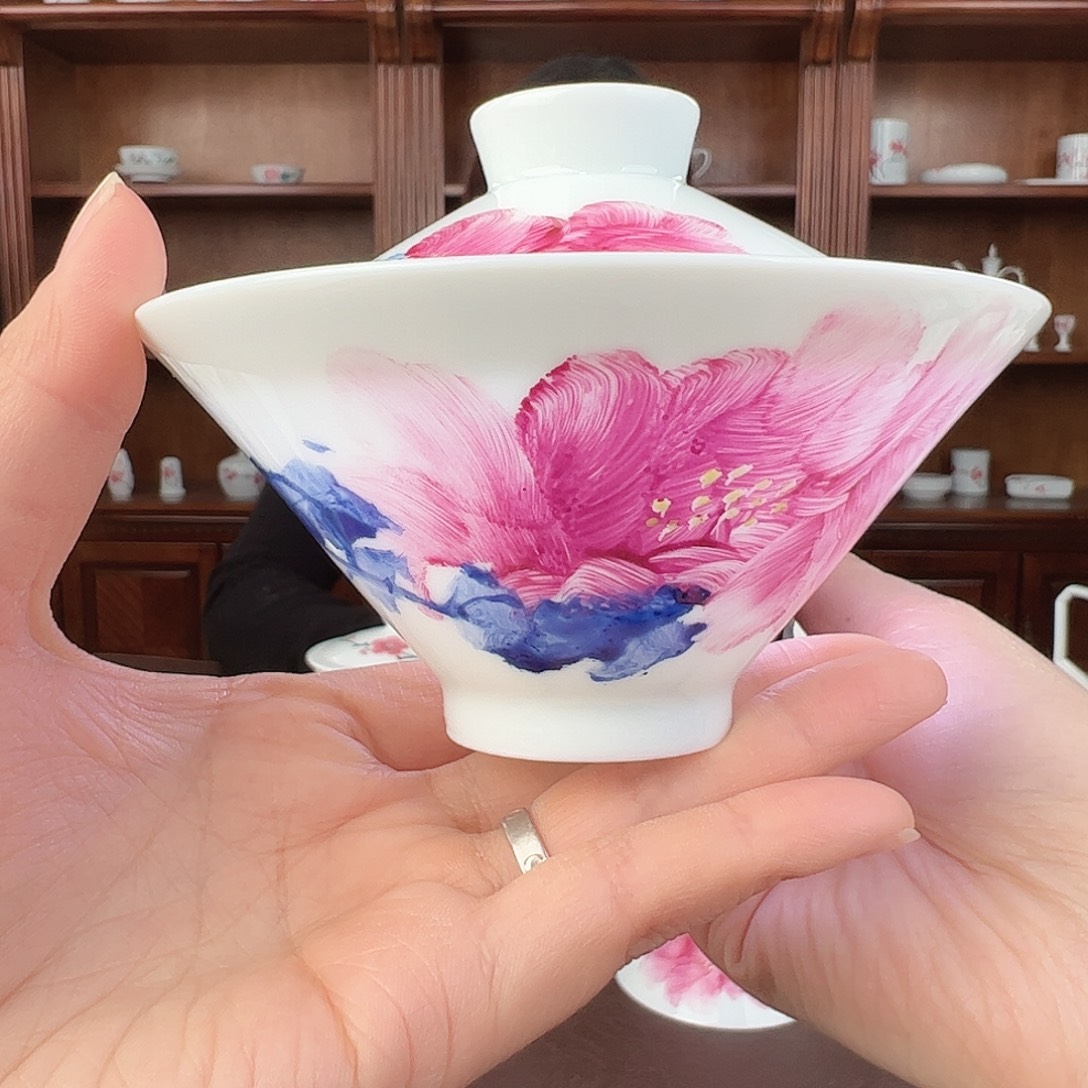 瓷柴窑 手指画斗笠盖碗（周鹏大师）