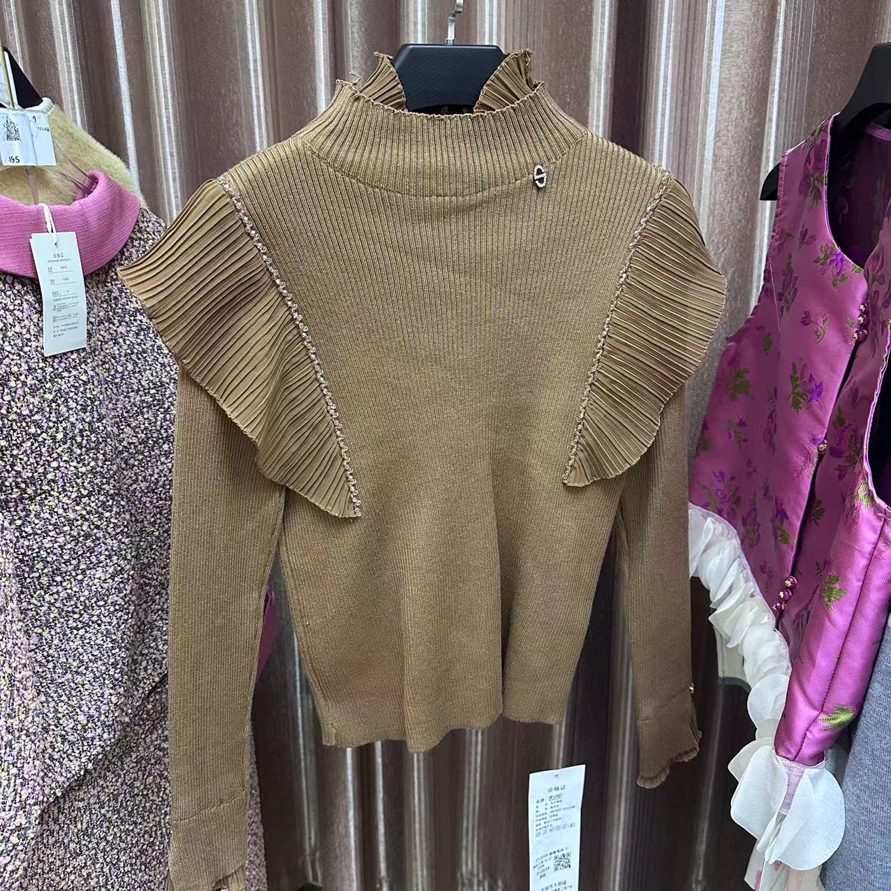 J1134慵懒风休闲风时尚套装上衣针织秋冬打底衫百搭套头韩版咖色