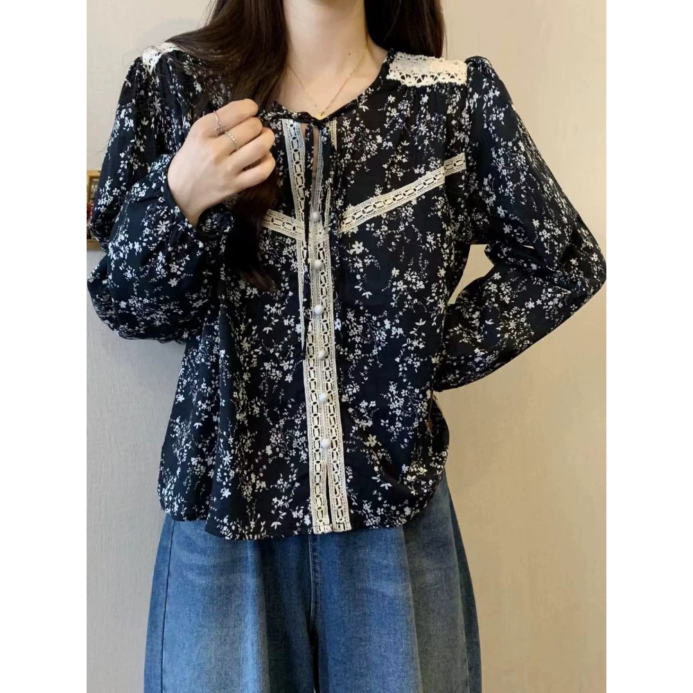 新款大码5150圆领系带碎花长袖法式宽松衬衫气质上衣