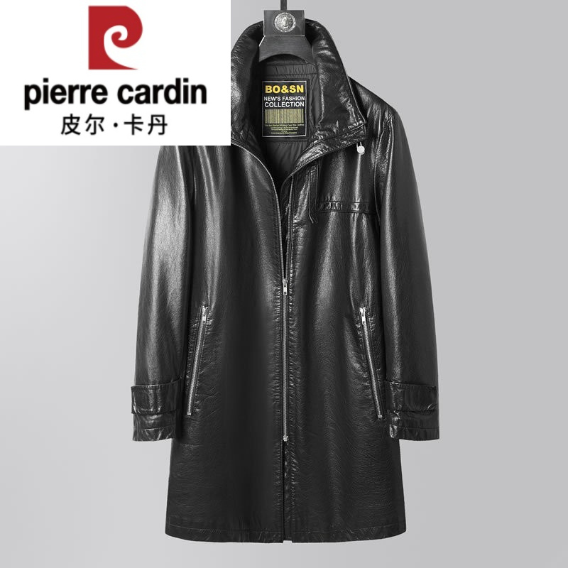 皮尔卡丹真衣男牛皮长款风衣加厚加绒大码胖子冬季海宁皮衣羽绒外